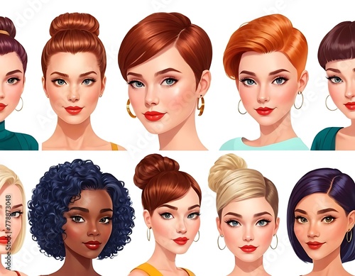 Woman realistic detailed avatar set illustration. Beautiful young girls female portrait with different hair style isolated.