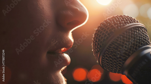 Close-Up of Singer's Mouth at Microphone. A detailed view of a singer's mouth close to a microphone, highlighting the moment of vocal expression with a warm bokeh background.