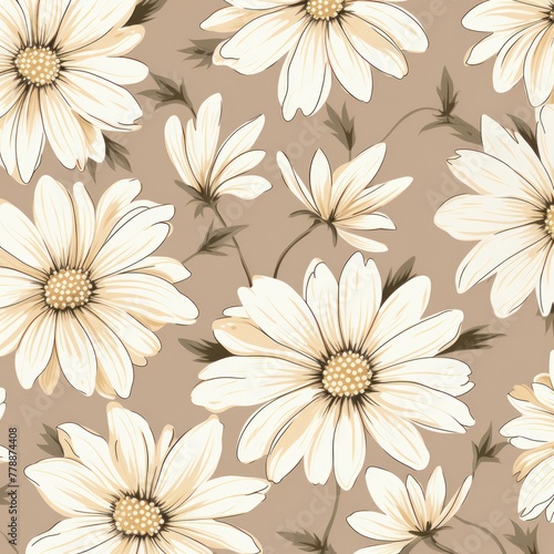 Beige and white daisy pattern  hand draw  simple line  flower floral spring summer background design with copy space for text or photo backdrop 