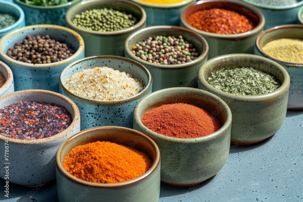 Playful arrangement of various colorful spices in small bowls, emphasizing the joy of cooking, Ceramic bowls brimming with vibrant spices: paprika, turmeric, and pepper, on a bright surface,