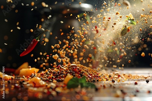 vibrant and lively setup of chili flakes and mustard seeds, Chili in mid-air leads a dance of spices, with backlight highlighting a storm of flavors on a wooden surface.