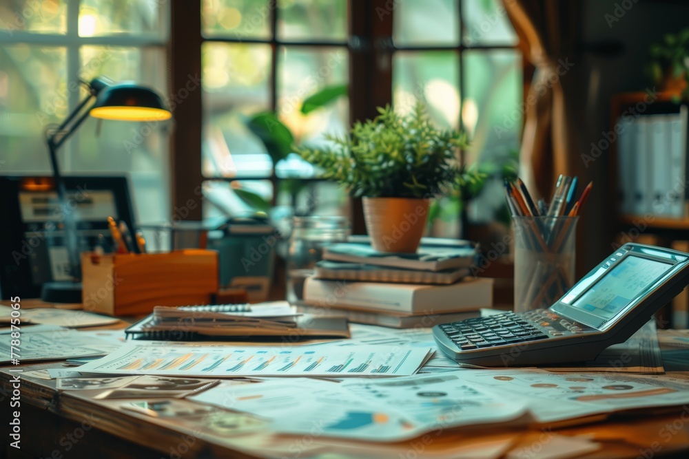 Desk with financial charts bathed in warm desk lamp light, calculator beside vibrant potted plant. Calculator rests on wood, business analysis spread beneath lamp glow, greenery adds life Desk with financial charts bathed in warm desk lamp light, calculator beside vibrant potted plant. Calculator rests on wood, business analysis spread beneath lamp glow, greenery adds life