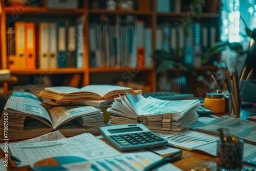 Books open on financial pages, calculator on table, enveloped by the library's tranquil atmosphere. Calculator stands among ledgers and graphs, bookcase behind sets studious tone, photo