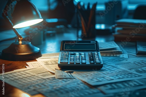Calculator and budget sheets filled with negative numbers, under harsh light of desk lamp, Warm light pools on desktop, calculator and papers in midnight oil's company, silent numeracy play photo