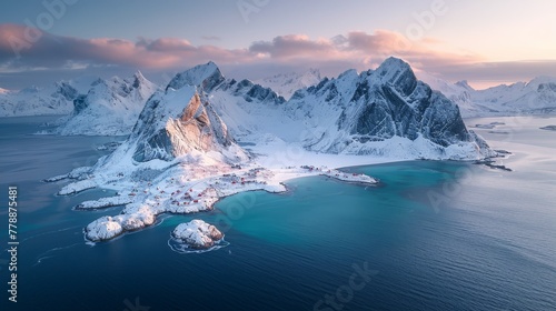  A bird's eye view of an isolated island surrounded by water, showing snow-capped peaks in the distance