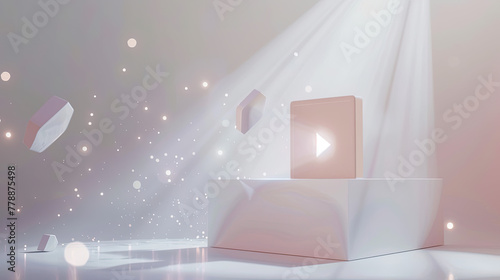 Design a minimalist representation of a video player interface with a white background, utilizing dramatic lighting and spotlights to enhance the overall 3D rendering effect  photo