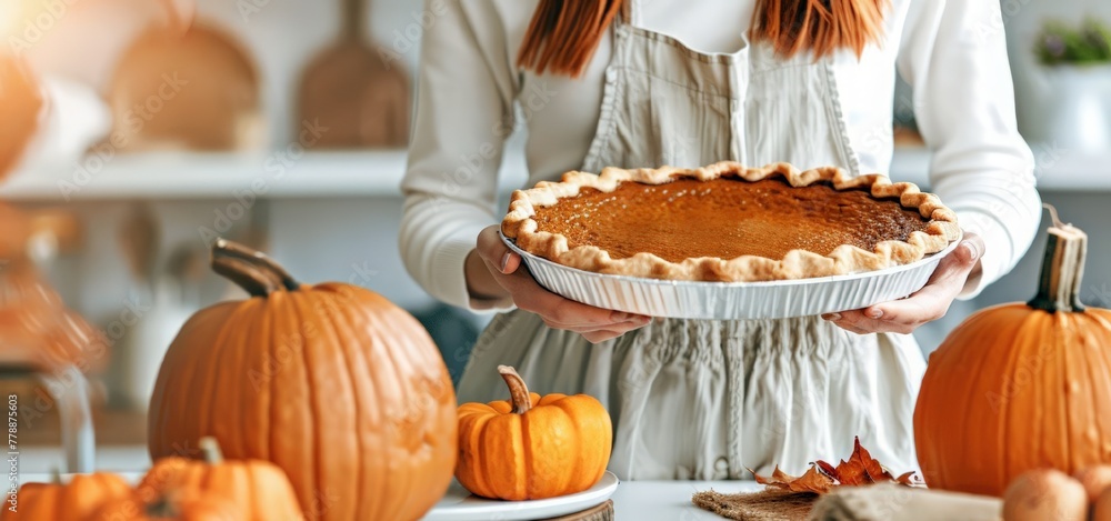 Young woman in a light kitchen apron holds a large pumpkin pie against the background of a light rustic kitchen. A beautiful postcard for Thanksgiving, Halloween, harvest festival.