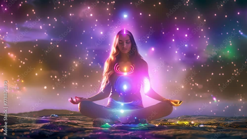 Beautiful woman sits in a pose of a half lotus on high place amazing view of universe with stars outside, she practicing yoga meditation glowing seven all chakra eyes closed calm. Kundalini energy. Beautiful woman sits in a pose of a half lotus on high place amazing view of universe with stars outside, she practicing yoga meditation glowing seven all chakra eyes closed calm. Kundalini energy.