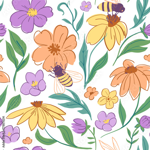 Floral seamless pattern. Vector doodles,  bees, flowers, plants. Rough sketch style