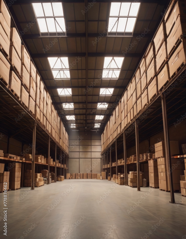 Wide-angle view of a large warehouse filled with high shelves stocked with cardboard boxes, bathed in natural light from skylights