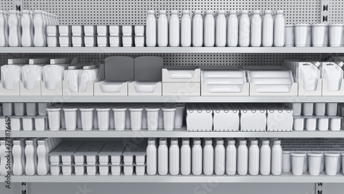 Supermarket shelves mockup with blank products in plastic packaging bottles, pouches, boxes. 3d illustration