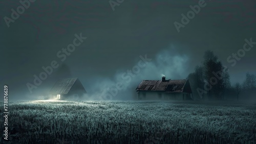 A hauntingly eerie scene contrasting darkness with a small safe haven of light photo