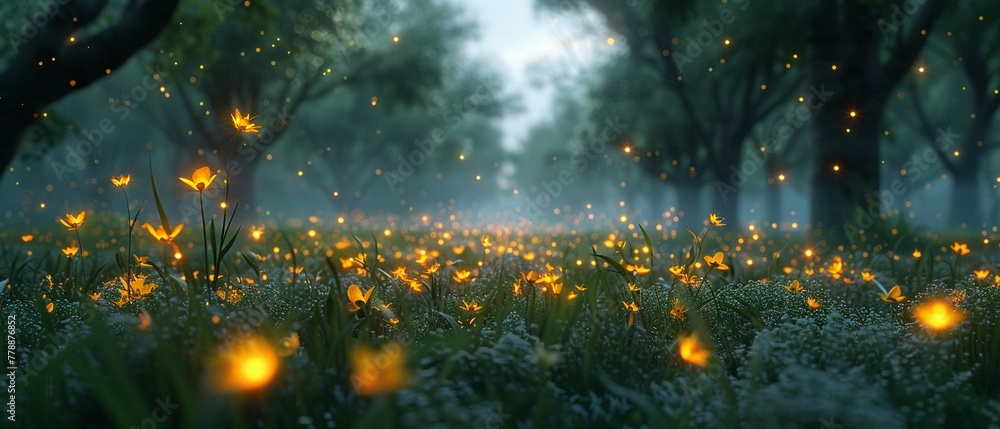 Evening alight with fireflies, natures twinkling stars ,3DCG,clean sharp focus - obrazy, fototapety, plakaty 