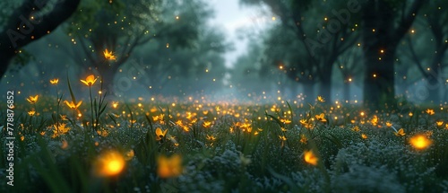 Evening alight with fireflies, natures twinkling stars ,3DCG,clean sharp focus