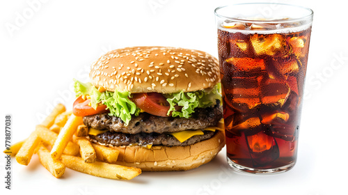 double cheesesburger with french fries and cola,Beef burgers with french fries and drink soda, black background.