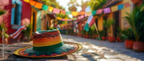 Colorful Fiesta on the Streets of Mexico - Celebrating Cinco de Mayo with a Mexican Hat and Flag