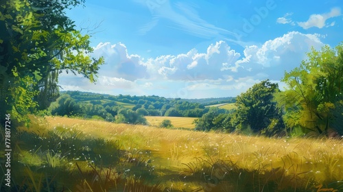 An impressionistic landscape capturing the beauty of a sun-drenched countryside, with vibrant colors and loose brushstrokes conveying the warmth and vitality of the natural world.