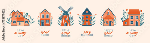 Big set of village buildings, houses, windmill. Slow farm life. New home moving concept. Cute vector buildings in hand drawn flat style. With flowers, plants, berries. Short phrases, text.	