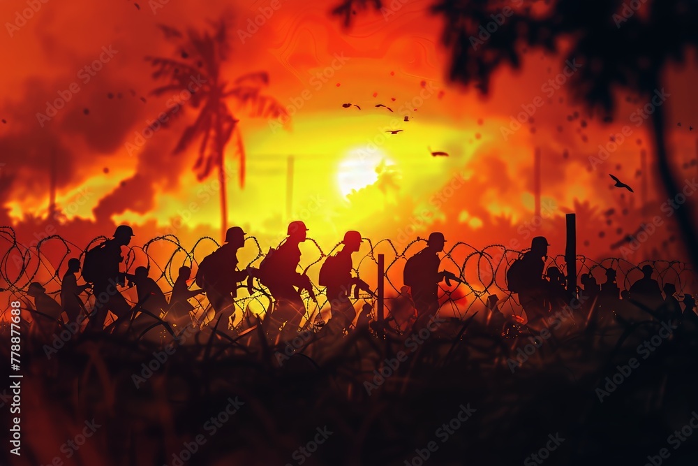 Fototapeta premium Illustrate a peaceful scene disrupted by conflict between two opposing forces