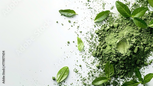 Top view of organic green powder on white background with space with space for text a concept of healthy drinks, Generative AI.