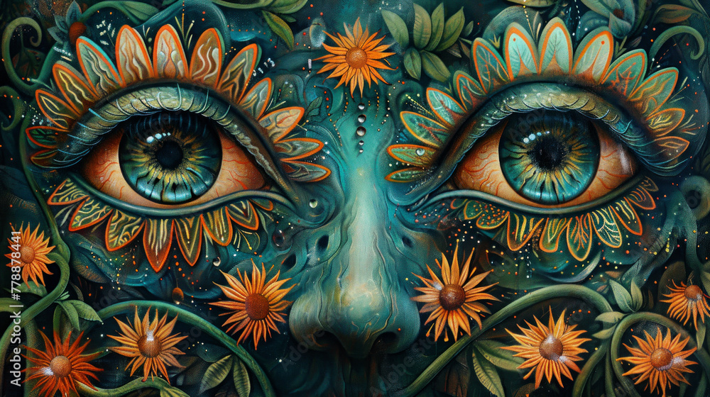 Eyes and face made of intricate floral patterns