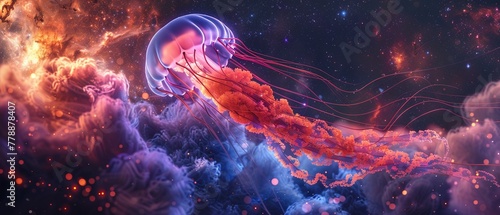 A glowing jellyfish navigating a cosmic nebula, bold colors, stars backdrop, photorealistic ,3DCG,high resulution,clean sharp focus
