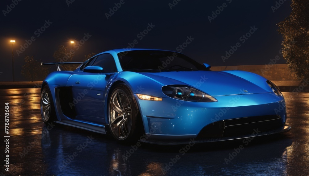 A striking blue sports car glistens under the rain at night, showcasing its sleek design and aerodynamic build, poised on an urban road