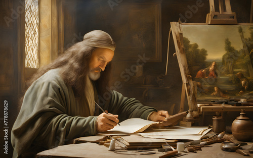 Leonardo da Vinci in his studio, working intently on the Mona Lisa, renaissance tools and sketches around