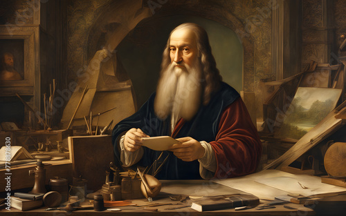 Leonardo da Vinci in his studio, working intently on the Mona Lisa, renaissance tools and sketches around photo