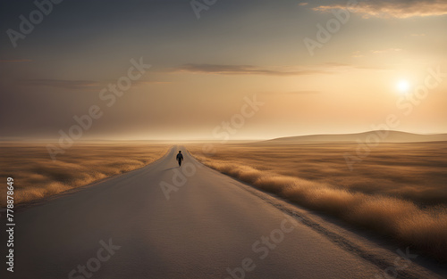 Lone runner on a deserted road, pushing forward, dawn breaking ahead, symbolizing personal journey and perseverance