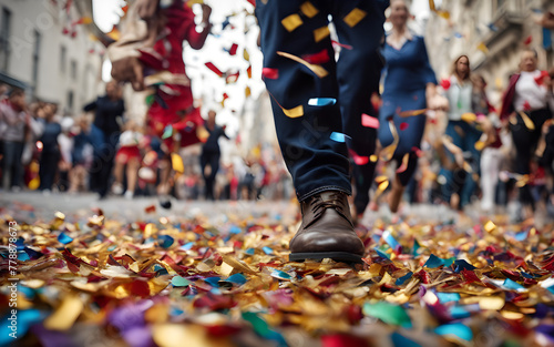 Low angle of parade participants' feet, confetti-covered street, capturing the festivity and movement of the celebration photo