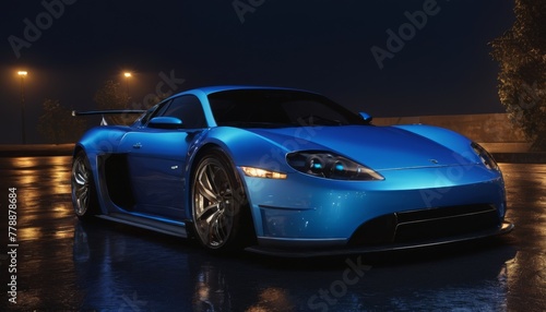 A striking blue sports car glistens under the rain at night, showcasing its sleek design and aerodynamic build, poised on an urban road