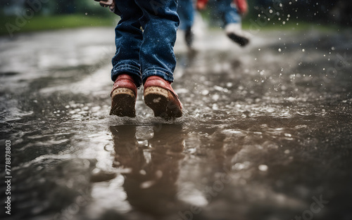 Low angle view of children_s feet jumping in puddles during a rainy day event, splashes and reflections