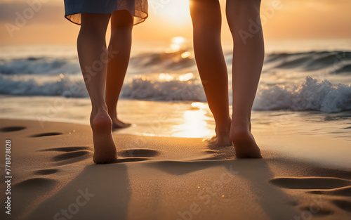 Low angle view of girls' feet walking on beach at sunset, waves gently touching their toes