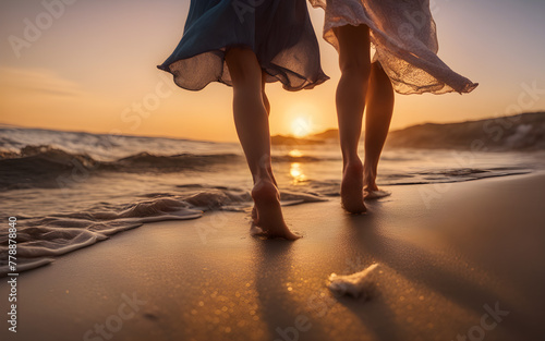 Low angle view of girls' feet walking on beach at sunset, waves gently touching their toes