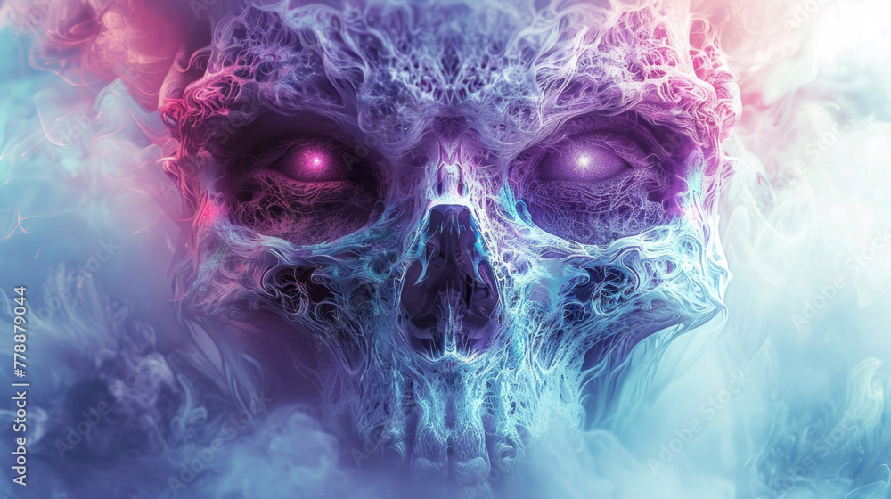 Vision of a skull made of blue and violet smoke