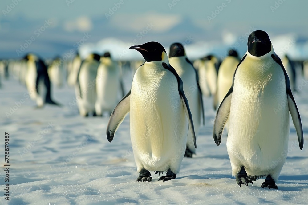 Obraz premium Emperor Penguins Marching on Antarctic Ice. 
