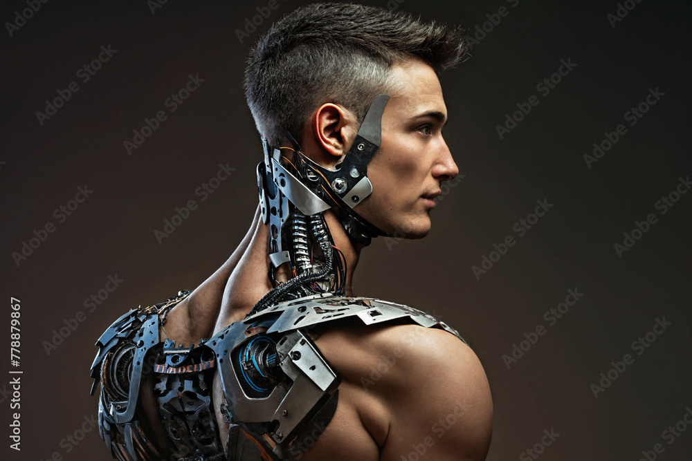 a young attractive man as half-robot or a humanoid android with artificial intelligence parts or a technological upgrade transhumanism as human evolution, mechanical body parts a young attractive man as half-robot or a humanoid android with artificial intelligence parts or a technological upgrade transhumanism as human evolution, mechanical body parts