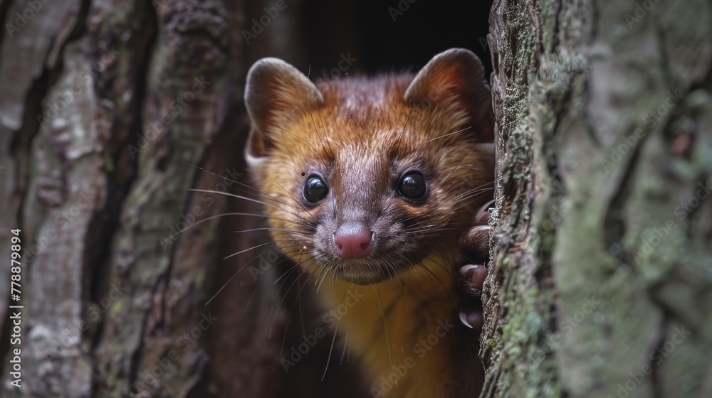 Close-up photo of a little critter emerging from tree trunk hole in wooded area Close-up photo of a little critter emerging from tree trunk hole in wooded area