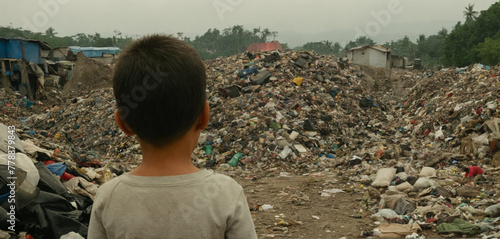 tired poor child kid boy asian, collect garbage for sale because of poverty, Junk recycle, Child labor, Poverty at childhood, human trafficking, fictional location photo
