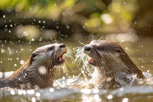 Otters Playing Boisterously in the Water. 
