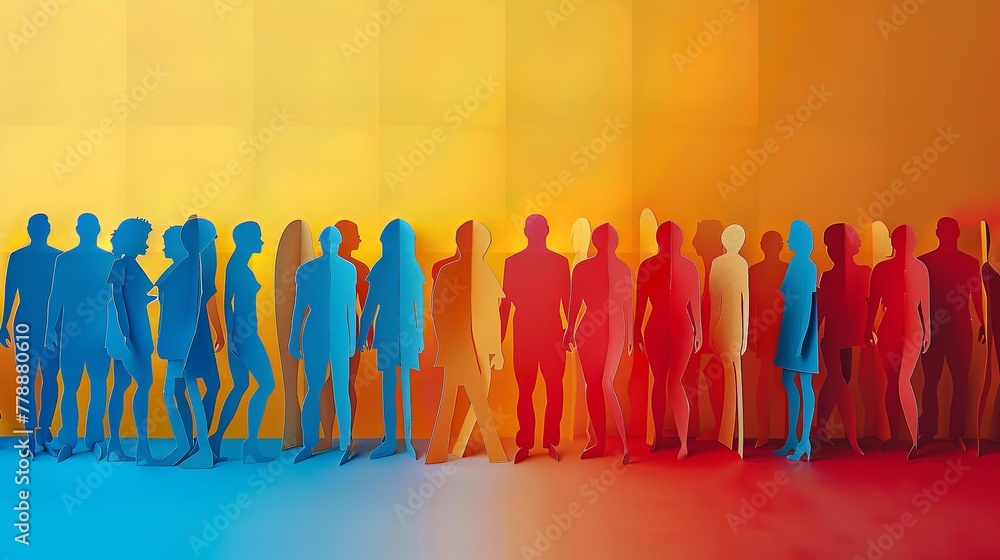 Paper cut-outs depicting silhouettes of people in red, blue, and yellow designed to promote autism awareness disorder disability depicting and space, Generative AI.