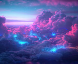 The scene is set in the clouds illuminated by neon lights uper resolution, DOF