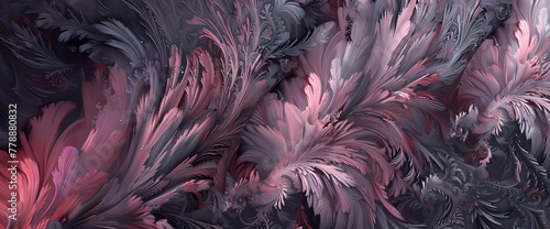 Charcoal gray plumes creating intricate patterns over a surreal dreamscape of magenta and copper.