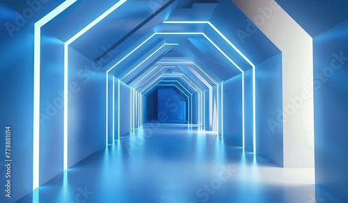 Futuristic blue corridor with neon lights in modern design