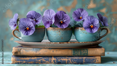   A set of purple pansies in a teacup on a bookshelf