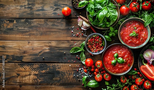 Rustic tomato sauce preparation on wooden background
