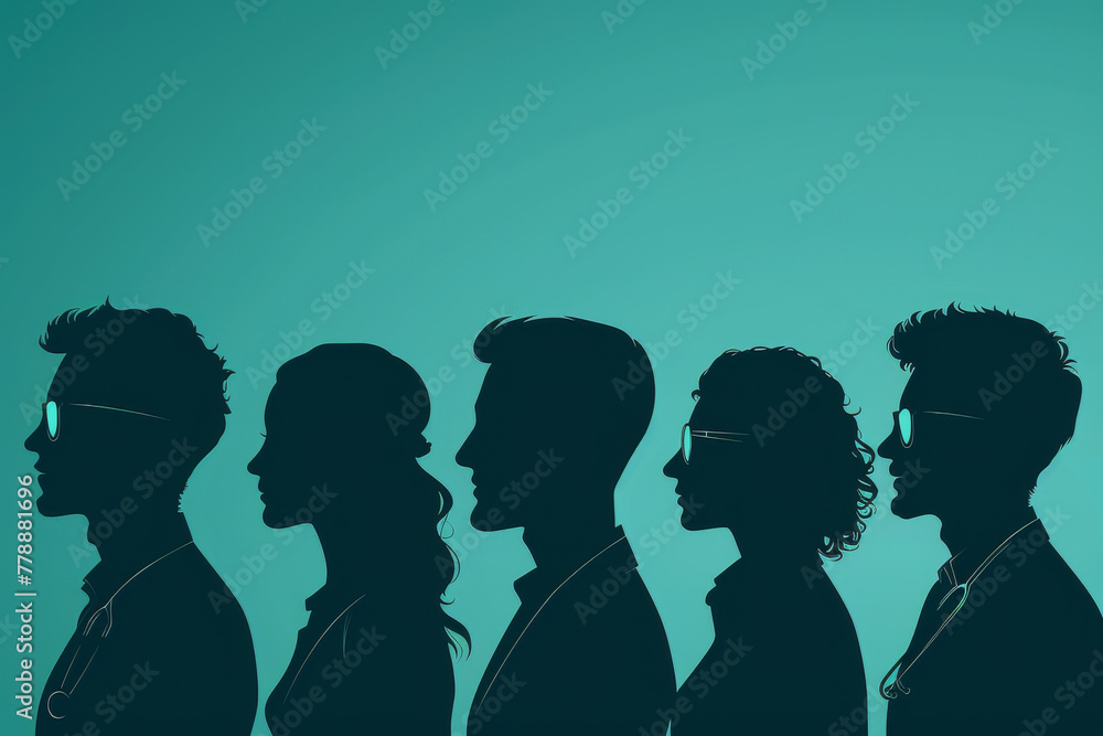 Silhouetted Group of Five People Profile against Aquamarine Background