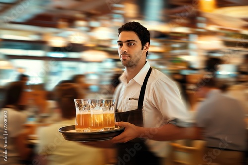 Waiter serving craft beer in a bustling restaurant. photo