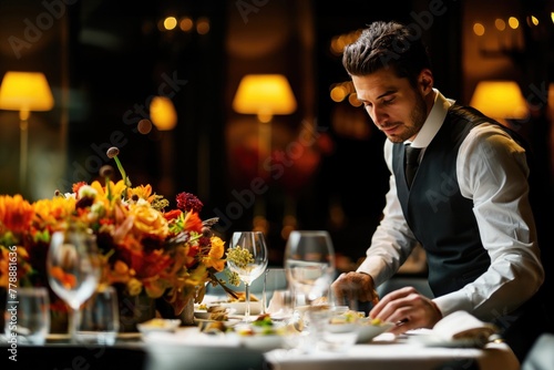 Waiter perfecting table arrangement with autumn florals.
